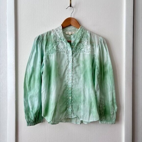LoveShackFancy Ronda Embroidered Lace Trim Blouse in Jade Mist Hand Dye - Picture 5 of 11